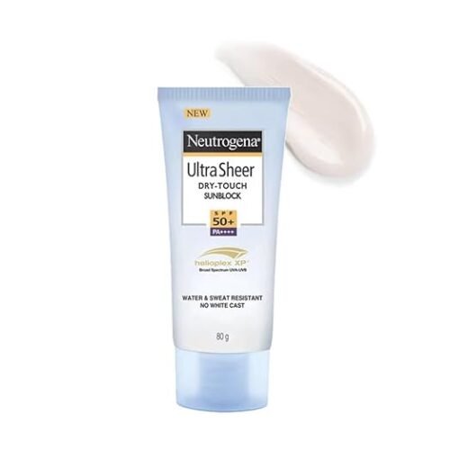 neutrogena ultrasheer sunscreen spf 50+ pa++++, blue light protect, no white cast, water resistant, ultra light & non sticky, oily, dry & sensitive skin, for unisex, 80 grams