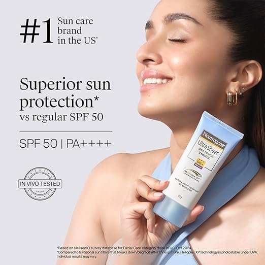 neutrogena ultrasheer sunscreen spf 50+ pa++++, blue light protect, no white cast, water resistant, ultra light & non sticky, oily, dry & sensitive skin, for unisex, 80 grams