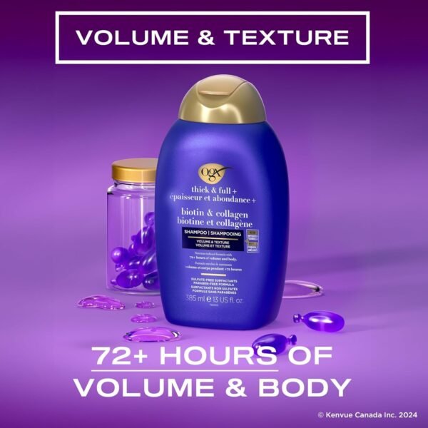 ogx thick & full + biotin & collagen volumizing shampoo for thin hair, paraben free, sulfate free surfactants, 385ml