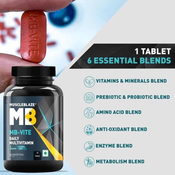 muscleblaze mb vite daily multivitamin (60 tablets) | with 51 ingredients & 6 blends, vitamins & minerals, prebiotic & probiotics, amino acid blends | for energy, stamina & recovery
