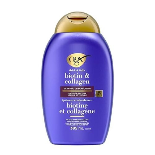 ogx thick & full + biotin & collagen volumizing shampoo for thin hair, paraben free, sulfate free surfactants, 385ml