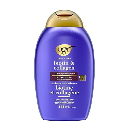 ogx thick & full + biotin & collagen volumizing shampoo for thin hair, paraben free, sulfate free surfactants, 385ml