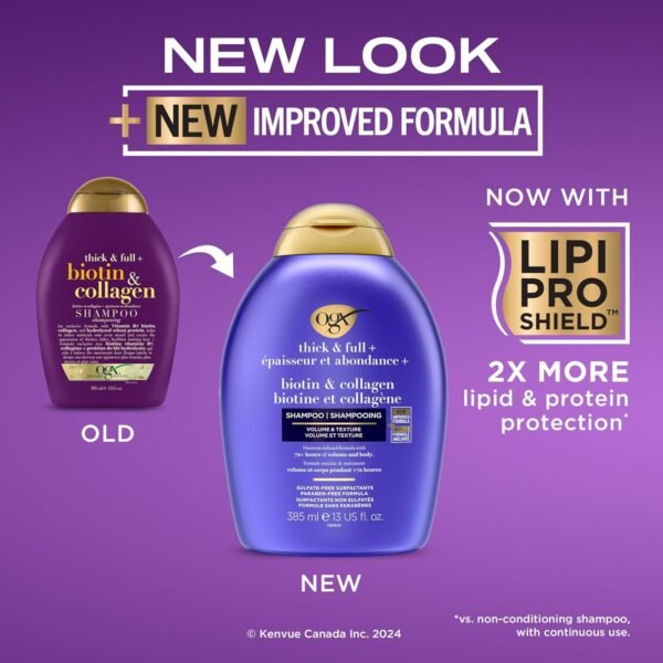 ogx thick & full + biotin & collagen volumizing shampoo for thin hair, paraben free, sulfate free surfactants, 385ml