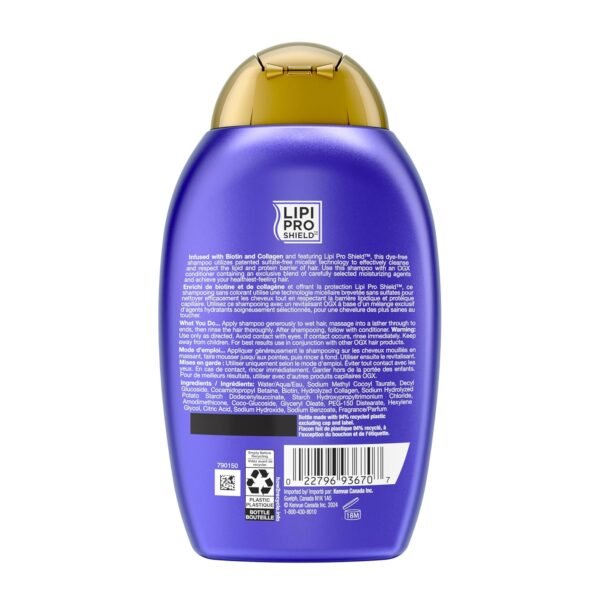 ogx thick & full + biotin & collagen volumizing shampoo for thin hair, paraben free, sulfate free surfactants, 385ml